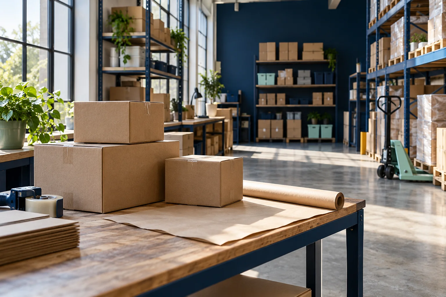 AI-generated concept image of an orderly small fulfillment workspace with cartons and a pallet truck